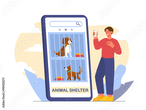 Online animal shelter. Man near huge smartphone with photos of dogs in cage with food. Charity, generosity and kindness. Volunteer adapts pet. Flat vector illustration