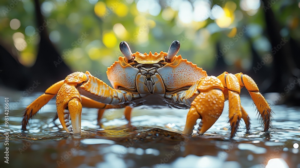 Oversized Crab Walking on Four Legs in Shallow Water of a Mangrove Forest with Sunlight Shining Through Trees, Close-Up, High-Definition Telephoto Photography
Oversized Crab Walking on Four Legs in Shallow Water of a Mangrove Forest with Sunlight Shining Through Trees, Close-Up, High-Definition Telephoto Photography