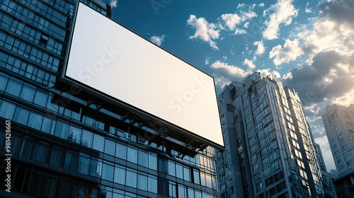 3D rendered huge frontal mock up horizontal billboard, stands on the top of building in the city of Moscow, modern stile buildings with glasses, highly detailed