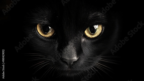 Close-up of a black cat's face, focusing on its intense golden eyes.