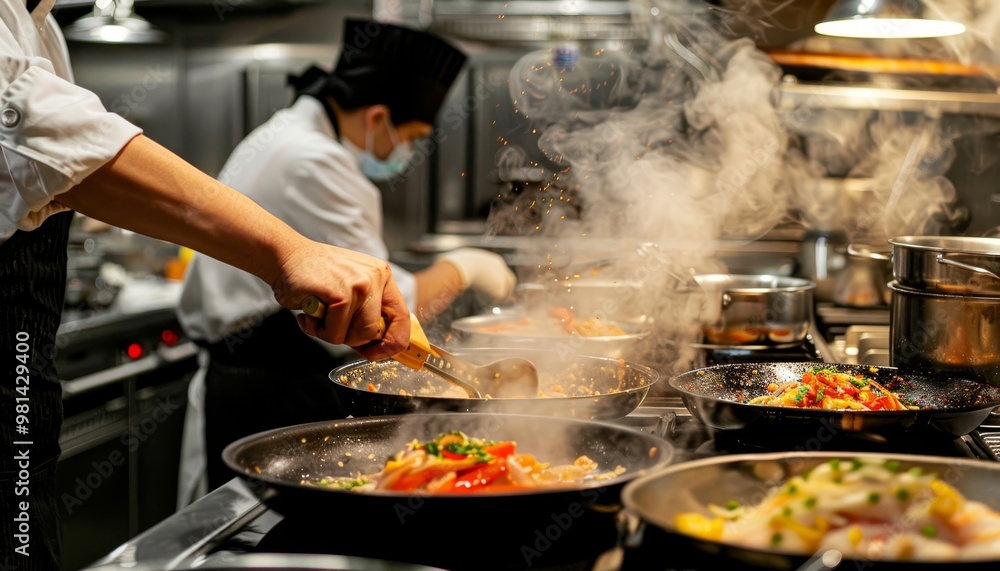 Chef crafting an exquisite dish in a modern, high tech culinary kitchen environment Chef crafting an exquisite dish in a modern, high tech culinary kitchen environment