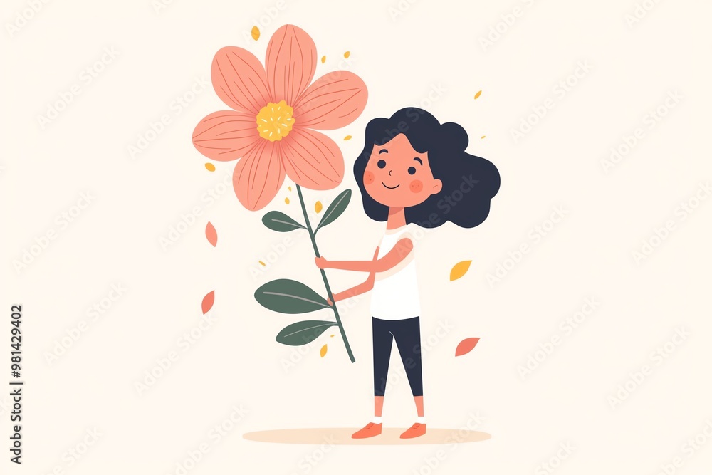 Young Girl Smiling with Flowers in a Whimsical Garden – A Cheerful Illustration Celebrating Childhood, Nature, and Joyful Moments