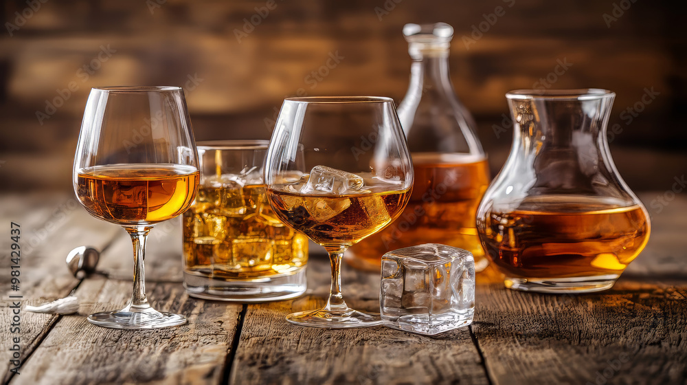 Whiskey and brandy in glasses, some with ice. The photos have a rustic background and focus on the drinks. Whiskey and brandy in glasses, some with ice. The photos have a rustic background and focus on the drinks.