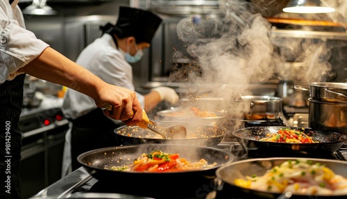 Chef crafting an exquisite dish in a modern, high tech culinary kitchen environment