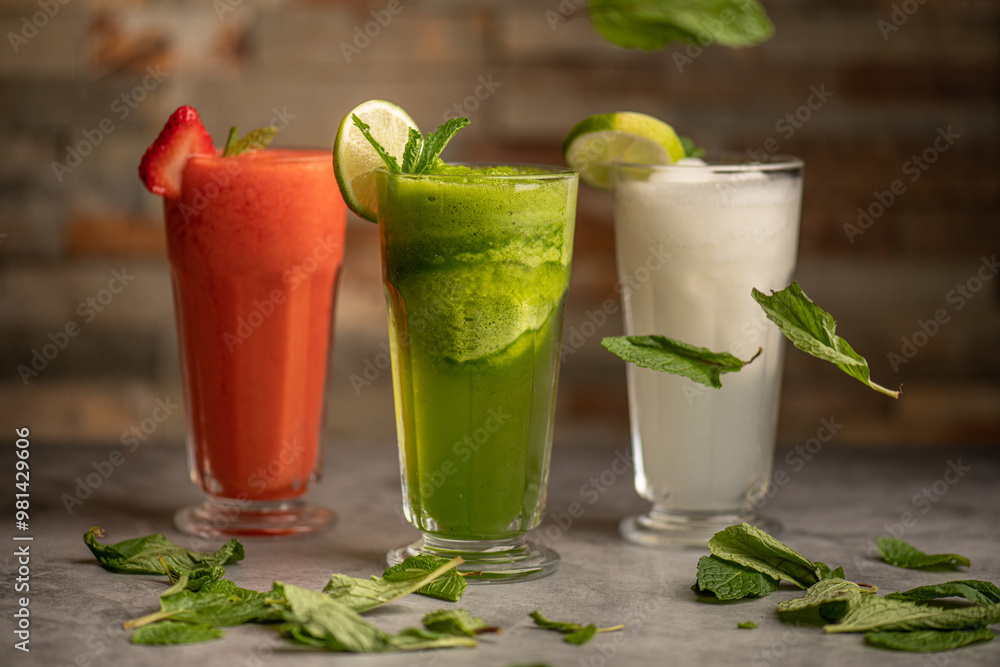 fresh smoothies: lemonade, green and strawberry