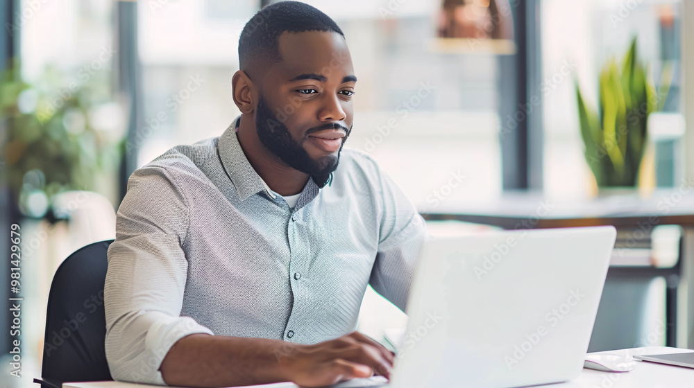 Man working at a laptop in a contemporary office. Man working at a laptop in a contemporary office.