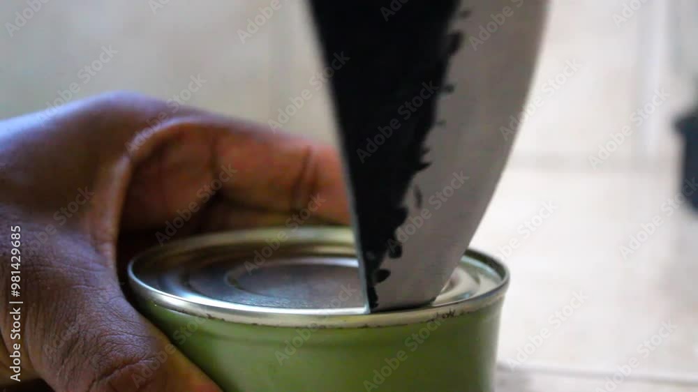 Hands cut opening metallic can food with kitchen knife Hands cut opening metallic can food with kitchen knife