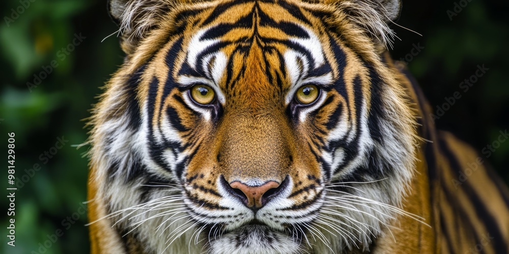 Obraz premium The powerful tiger gazes forward, displaying striking orange and black fur against a verdant backdrop, highlighting its natural beauty
