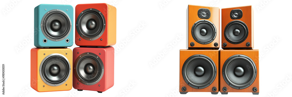 Set of a Four speakers stacked on top of each other, isolated on a transparent background. Set of a Four speakers stacked on top of each other, isolated on a transparent background.