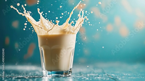 A glass of milk with a splash effect, set against a vibrant blue background photo