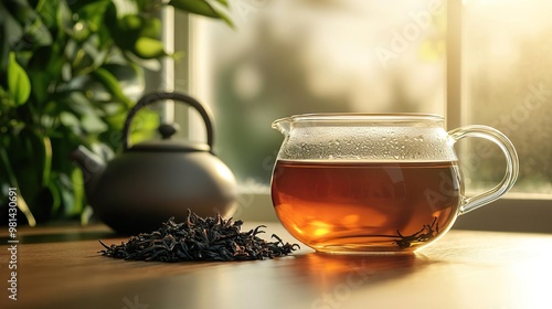 close up on a single glass tea cup with reddish black tea and a glass of tea pot at the side