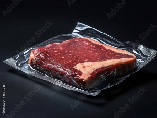 frozen steak in vacuumsealed package black background dramatic lighting photo