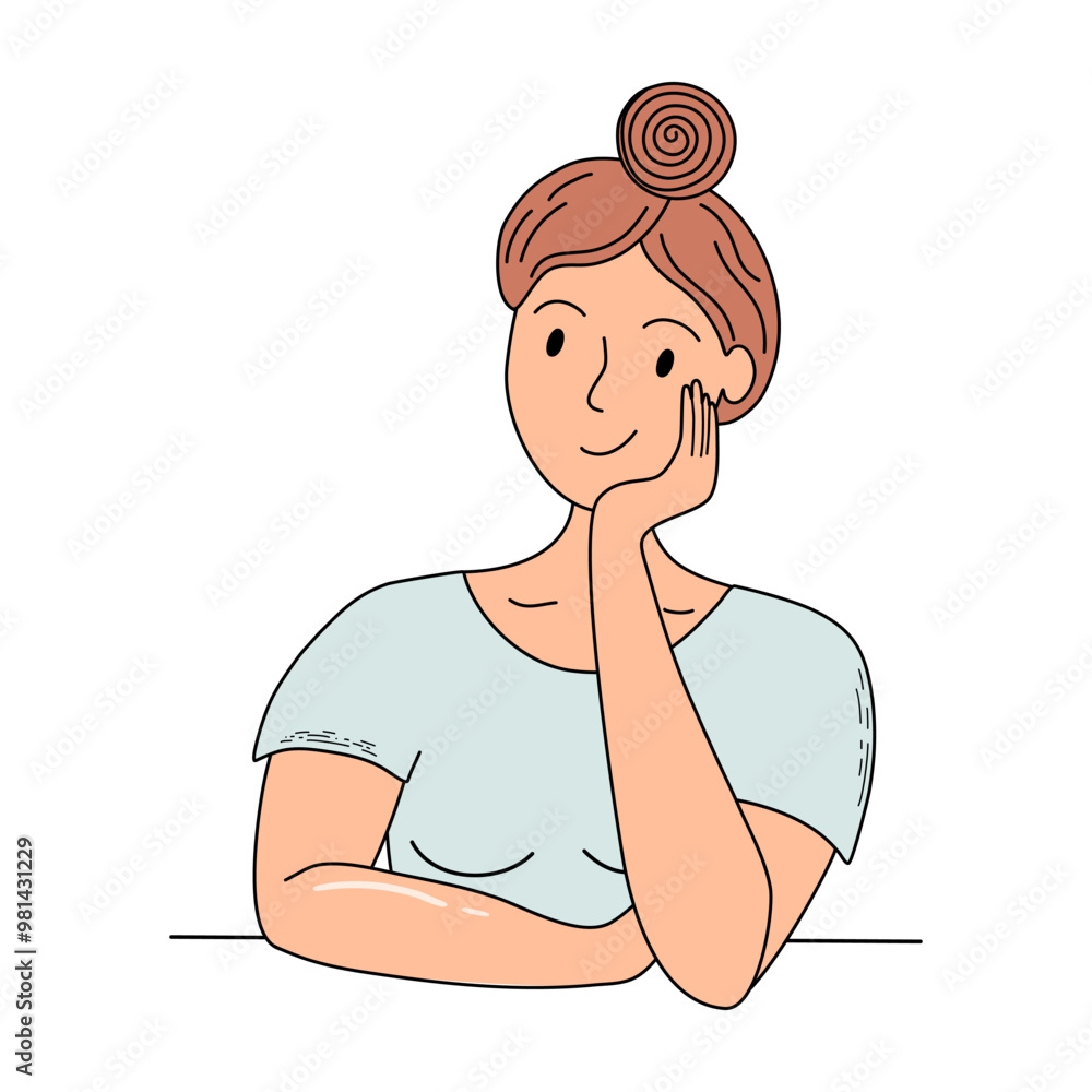 Brunette woman with hair bun sitting in pensive pose with her cheek propped up by her hand. Smiling female person makes decision or plans, waiting for something. Hand drawn vector illustration. Brunette woman with hair bun sitting in pensive pose with her cheek propped up by her hand. Smiling female person makes decision or plans, waiting for something. Hand drawn vector illustration.