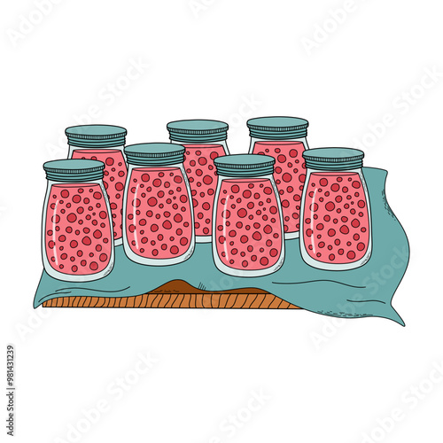 Sterilized jars of preserves cool down on covered work surface. Canning process, food preservation concept. Hand drawn doodle style vector illustration.
