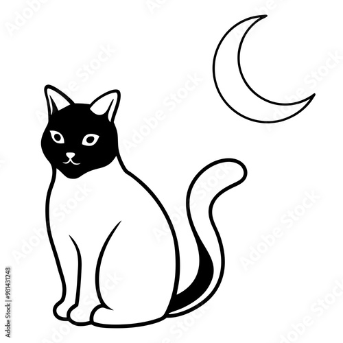 Minimalist Line Art Black Cat Silhouetted Against a Crescent Moon