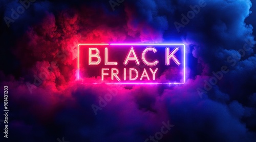 Black friday neon sign glowing in colorful clouds