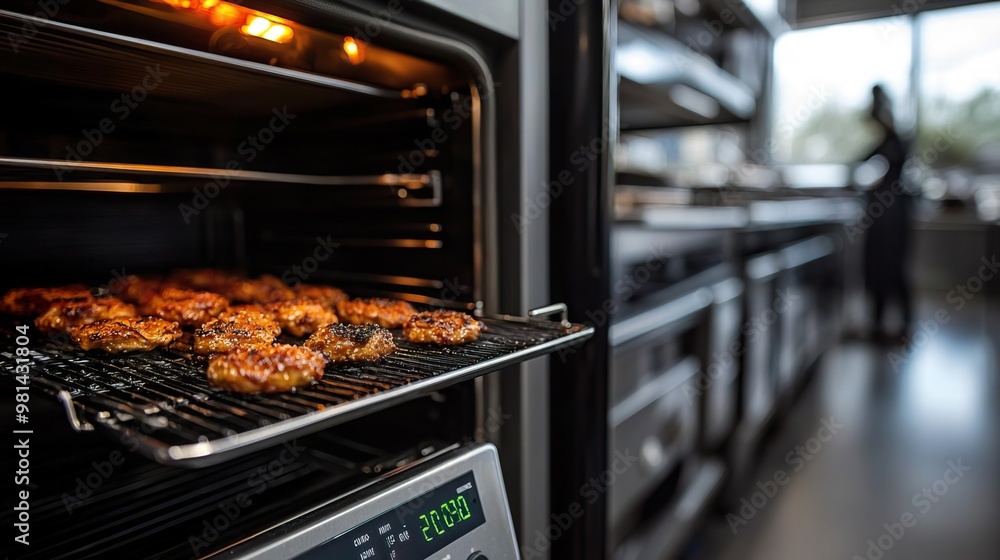 Close-up of a digital temperature sensor inside a commercial oven, precision cooking, food technology Close-up of a digital temperature sensor inside a commercial oven, precision cooking, food technology