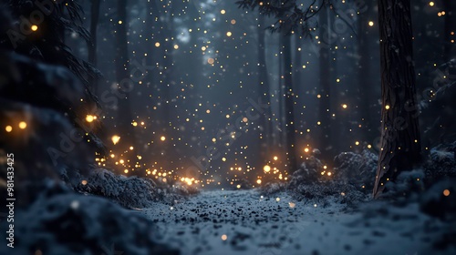 A snowy forest path with glowing lights. photo