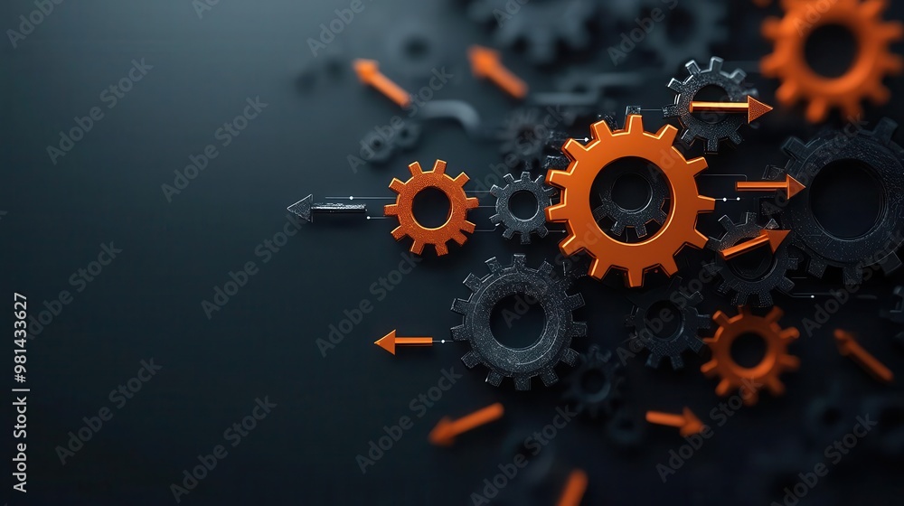 Gears spinning in harmony with digital arrows, representing smooth workflow integration in business Gears spinning in harmony with digital arrows, representing smooth workflow integration in business