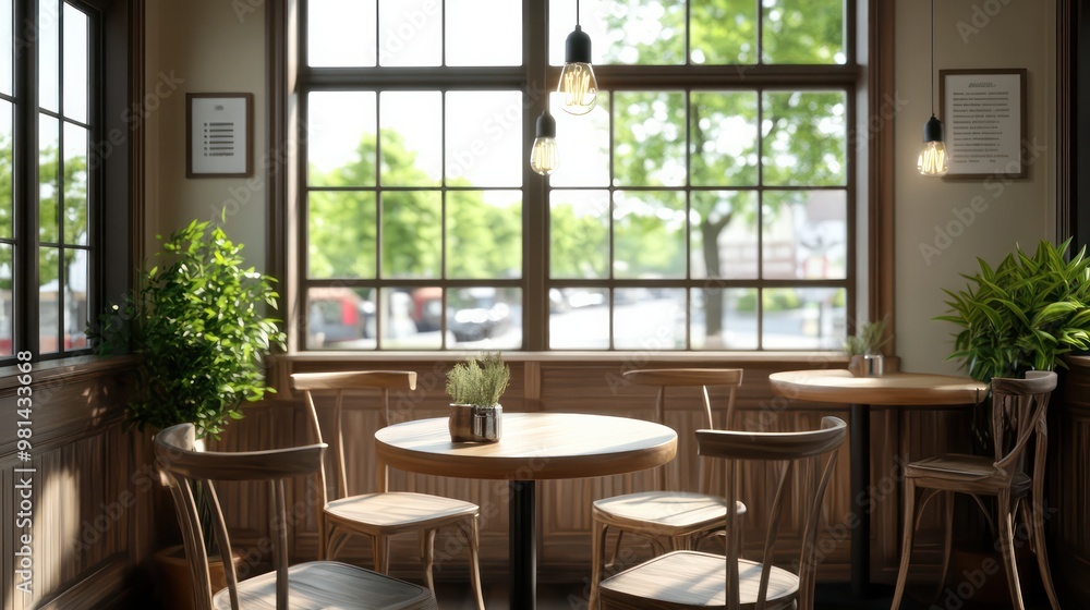 A cozy cafe with wooden tables and chairs, and potted plants. The atmosphere is warm and inviting, perfect for a relaxing afternoon or a quick coffee break A cozy cafe with wooden tables and chairs, and potted plants. The atmosphere is warm and inviting, perfect for a relaxing afternoon or a quick coffee break