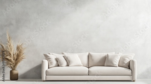 Fototapeta Naklejka Na Ścianę i Meble -  A white couch sits in front of a wall with a vase of dried grass. The room is empty and has a minimalist feel