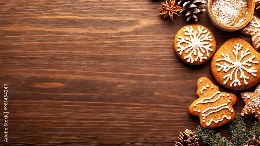 Christmas gingerbread cookies decorated with icing lying on a wooden surface Christmas gingerbread cookies decorated with icing lying on a wooden surface