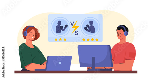 Boxing computer game. Man and woman at computers playing computer game. Fighting and arcade. Hobby and leisure, fun and entertainment. Flat vector illustration