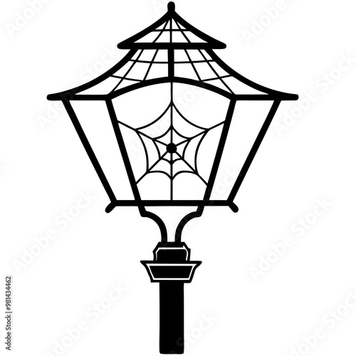 Vintage Flickering Street Lamp with Spider Webs and Eerie Glow - Vector Art