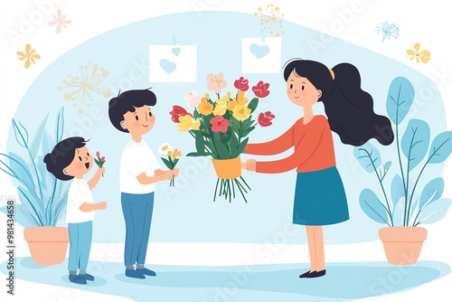 Happy Children Celebrating Teacher Appreciation with Flowers – A Heartwarming Illustration of Gratitude and Joy in a Classroom Setting