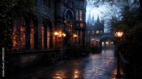 A dark alleyway with a building in the background. The street is wet and the lights are on