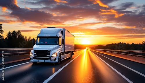 White delivery van cruising along the highway with a stunning sunset backdrop