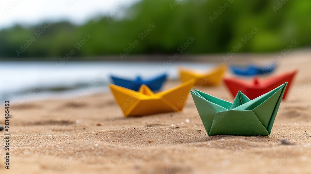 A group of paper boats are on a beach. The boats are of different colors and sizes. The scene is peaceful and serene, with the boats floating on the water and the sand providing a soft A group of paper boats are on a beach. The boats are of different colors and sizes. The scene is peaceful and serene, with the boats floating on the water and the sand providing a soft
