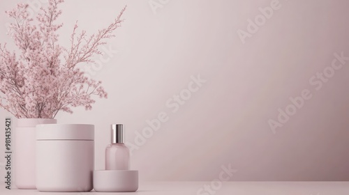 Wallpaper Mural A close-up of minimalist cosmetic bottles and containers with delicate dried flowers arranged on a soft pastel pink background, ideal for beauty, skincare, or wellness themes. Torontodigital.ca