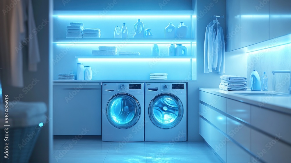 Modern laundry room with two washing machines, a sink, and shelves. Modern laundry room with two washing machines, a sink, and shelves.