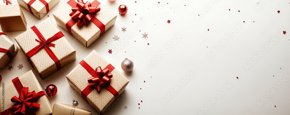 Elegant christmas gift boxes with red bows lying on blue background with shining lights Elegant christmas gift boxes with red bows lying on blue background with shining lights