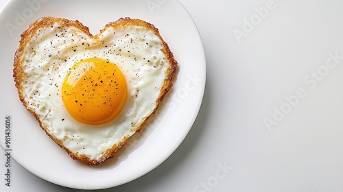 A heart shaped egg on a white plate. The egg is surrounded by pepper and salt