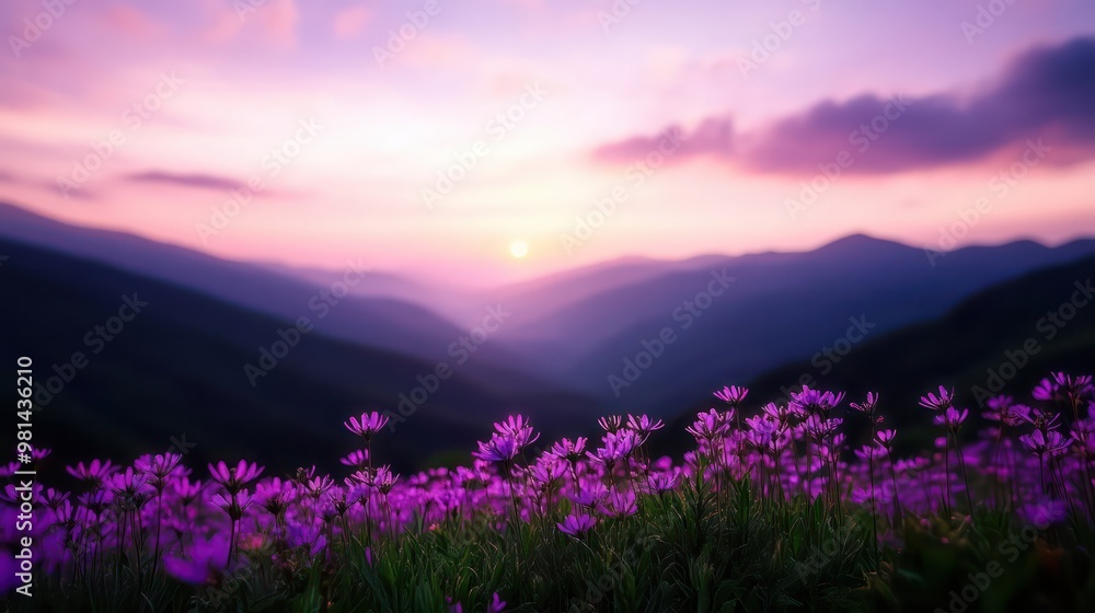 A beautiful purple field of flowers with a sunset in the background. The sky is a mix of pink and purple, creating a serene and peaceful atmosphere. The flowers are scattered throughout the field A beautiful purple field of flowers with a sunset in the background. The sky is a mix of pink and purple, creating a serene and peaceful atmosphere. The flowers are scattered throughout the field