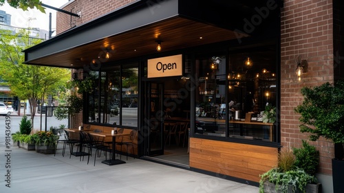 A brick building with a wooden front door and a sign that says 