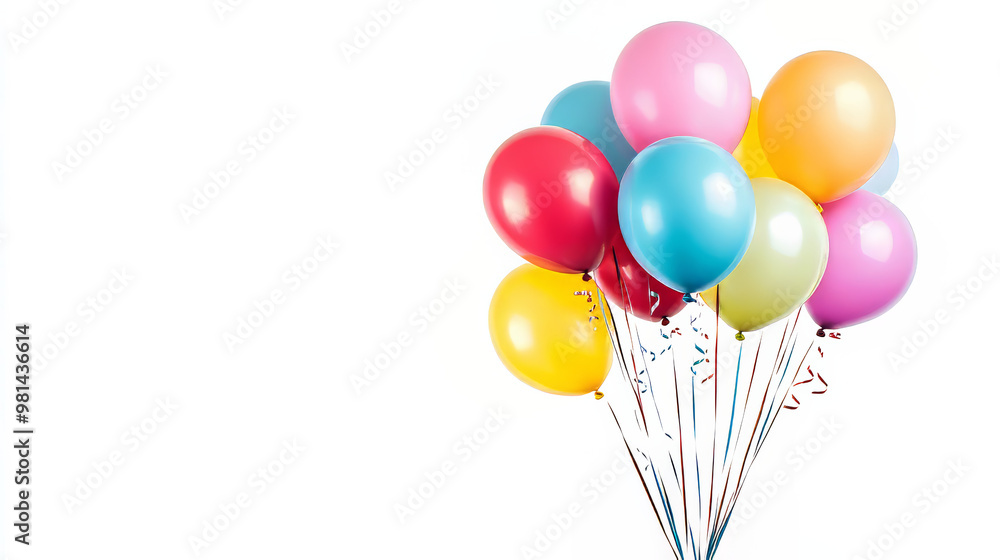 A bunch of colorful balloons against a plain white backdrop. Perfect for birthday parties or any celebration, with plenty of room for a message.