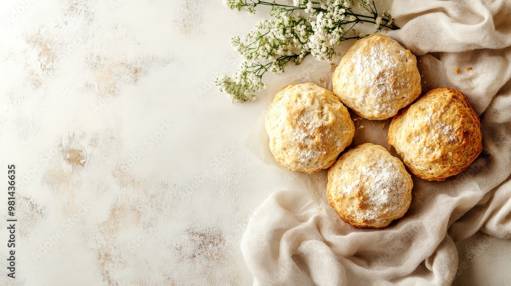 Fototapeta premium Freshly baked buttermilk biscuits resting on soft linen accented by delicate white blooms