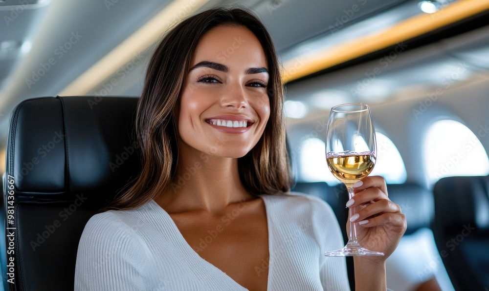 Happy Woman Enjoying a Glass of Wine in Business Class Flight Happy Woman Enjoying a Glass of Wine in Business Class Flight