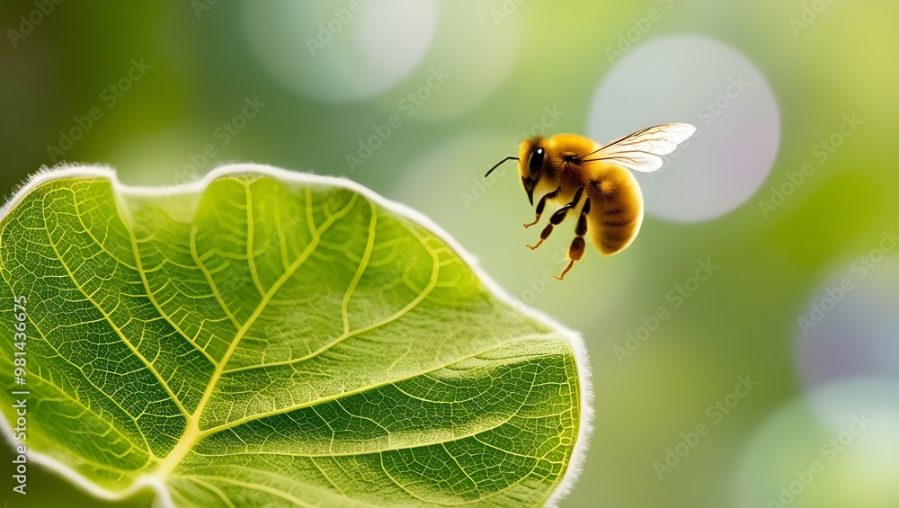 A vibrant, luminous green leaf with delicate, lace-like intricate veins and a soft, slightly curly edge, serving as a pedestal for a lone, busy yellow bee with iridescent wings and a fuzzy, golden-bro A vibrant, luminous green leaf with delicate, lace-like intricate veins and a soft, slightly curly edge, serving as a pedestal for a lone, busy yellow bee with iridescent wings and a fuzzy, golden-bro