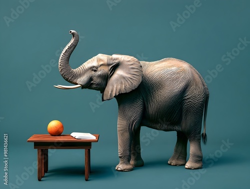 Elephant Teaching on Deep Blue Background in Surreal Conceptual Scene photo