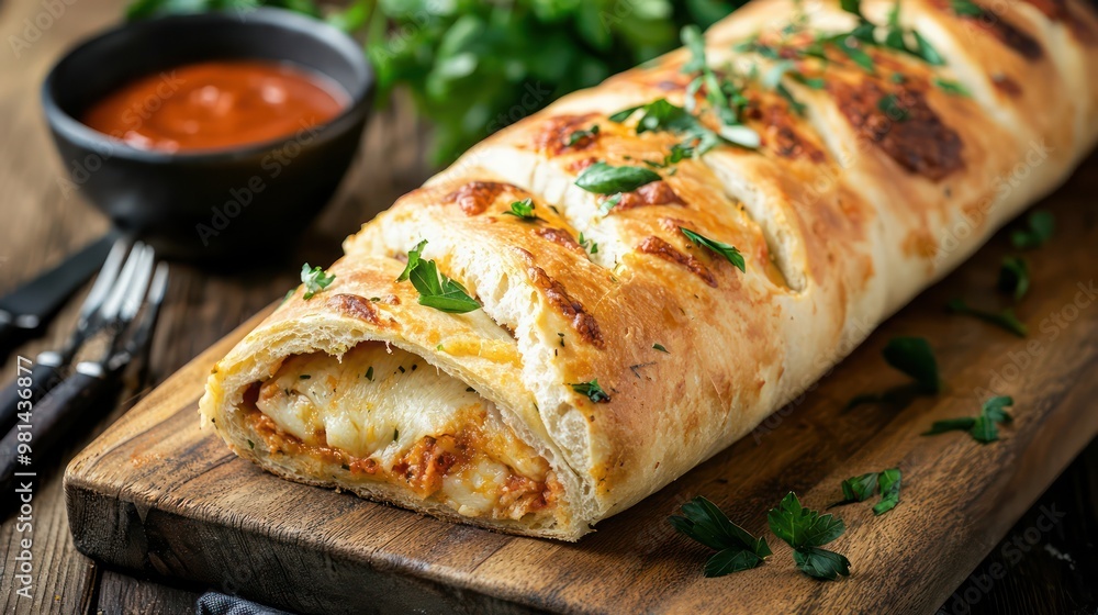 A long, thin, cheesy bread with parsley on top. A bowl of red sauce is on the table A long, thin, cheesy bread with parsley on top. A bowl of red sauce is on the table
