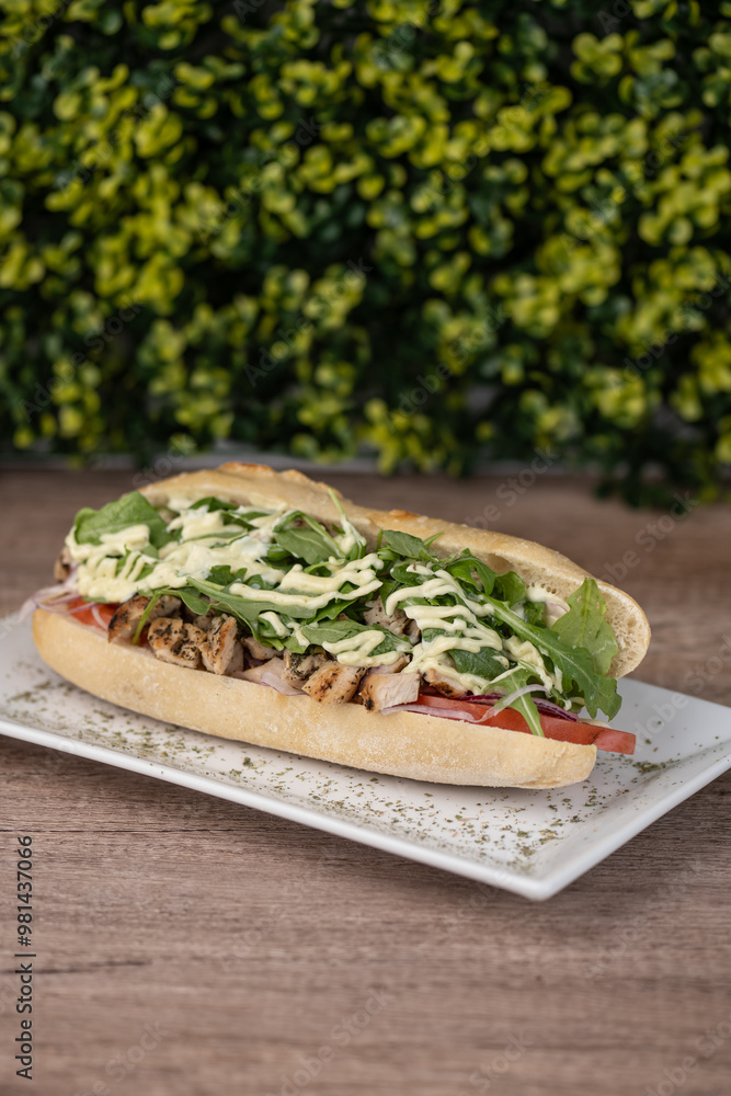 Chicken and arugula sandwich on a plate