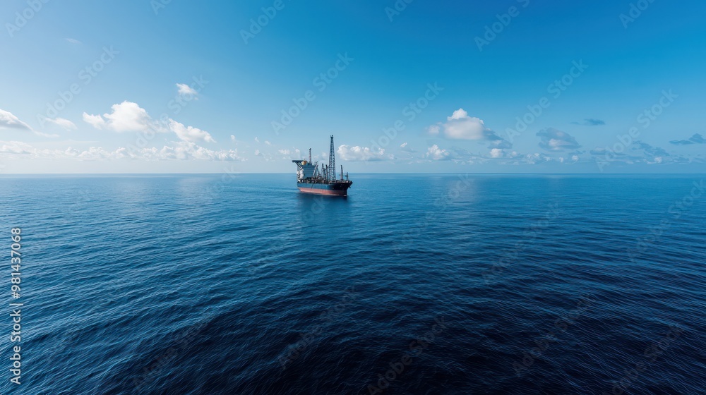 A large ship is floating in the ocean. The sky is clear and blue, and the water is calm A large ship is floating in the ocean. The sky is clear and blue, and the water is calm