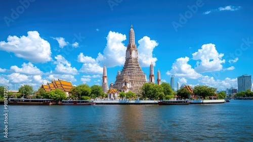 A beautiful city with a large building in the background. The water is calm and the sky is blue