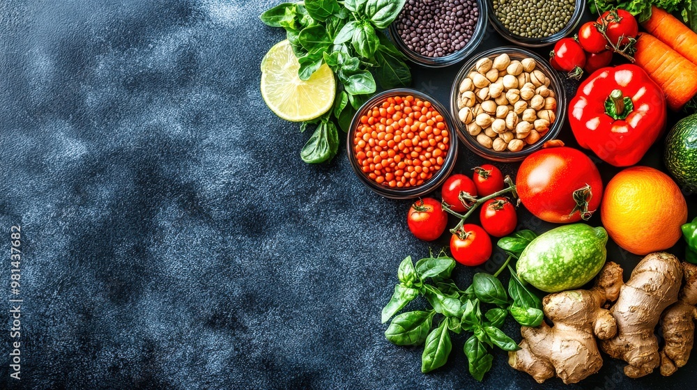 Glucose meter surrounded by fresh fruits, vegetables, berries and supplements on black background Glucose meter surrounded by fresh fruits, vegetables, berries and supplements on black background