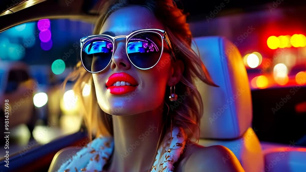 A young caucasian woman in her 20s sits in a convertible car at night, adorned with large sunglasses and bright red lipstick. The city lights reflect off her glasses, creating a vibrant and stylish A young caucasian woman in her 20s sits in a convertible car at night, adorned with large sunglasses and bright red lipstick. The city lights reflect off her glasses, creating a vibrant and stylish