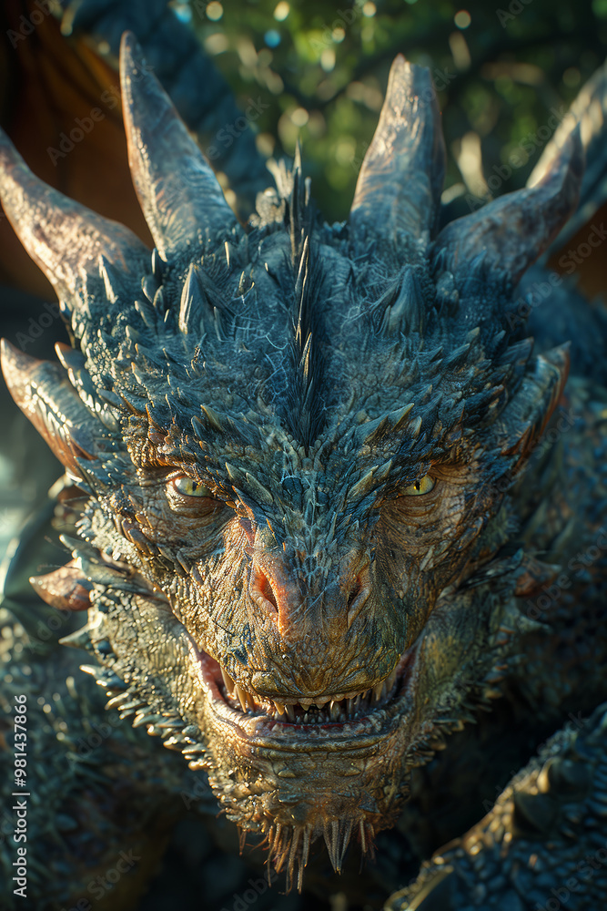 A menacing dragon with scales and horns in a fantasy world A menacing dragon with scales and horns in a fantasy world